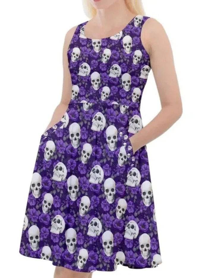 Purple Skull and Roses Skater Dress [IN STOCK] - Poison Arrow Retro