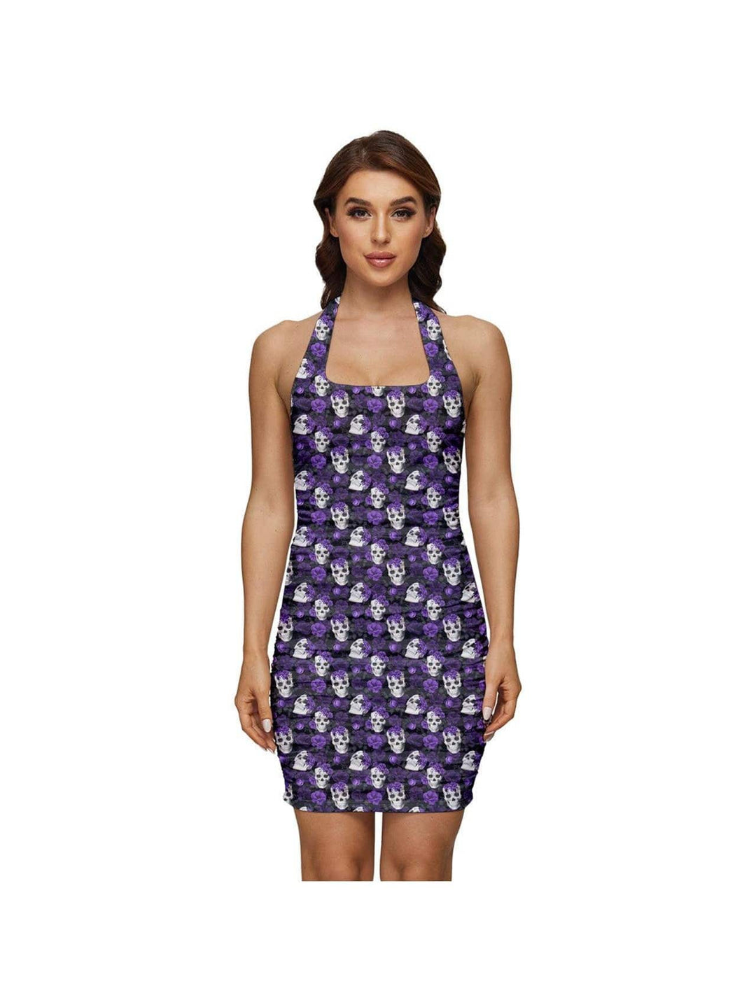 Purple Skulls Ruched Halter Dress - Poison Arrow Retro