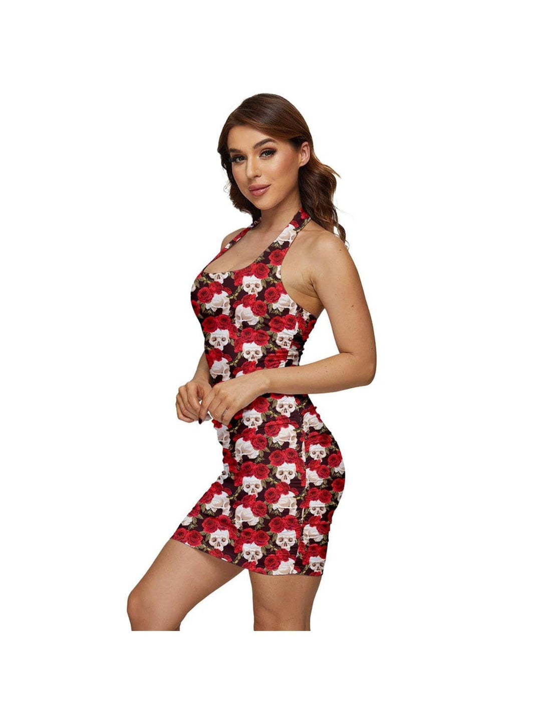 Red Roses and Skulls Ruched Halter Dress - Poison Arrow Retro