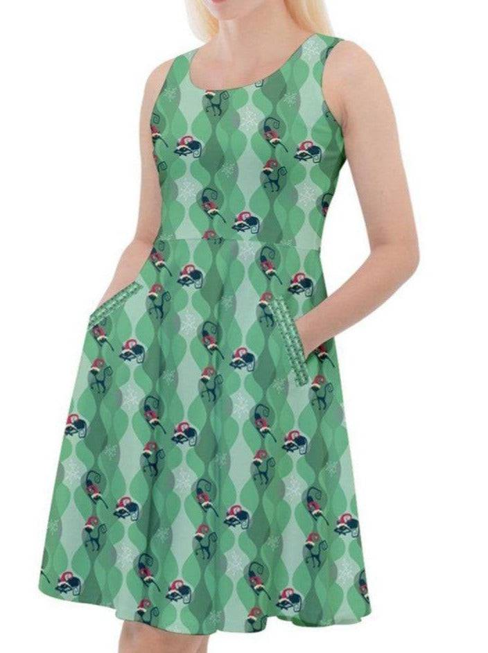 RETRO CHRISTMAS CATS KNEE LENGTH SKATER CHRISTMAS DRESS WITH POCKETS - Poison Arrow Retro