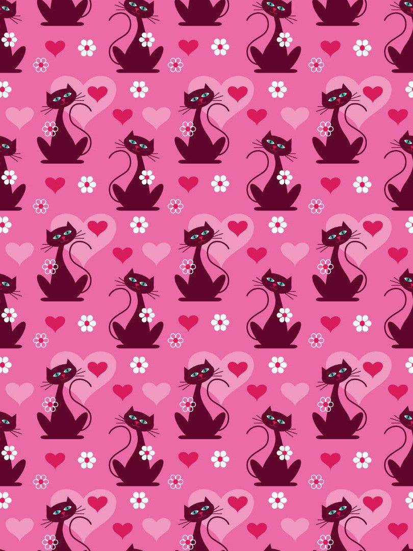 Playful pink pattern featuring silhouette cats with hearts and flowers, perfect for a retro-themed dress.