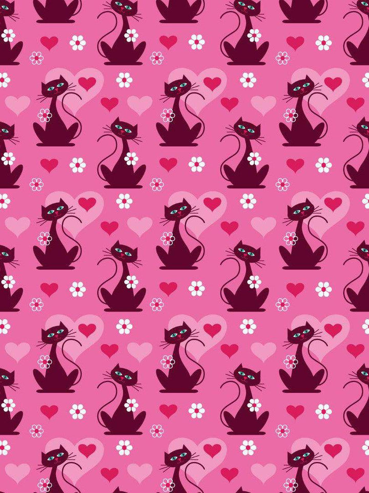 Playful pink pattern featuring silhouette cats with hearts and flowers, perfect for a retro-themed dress.