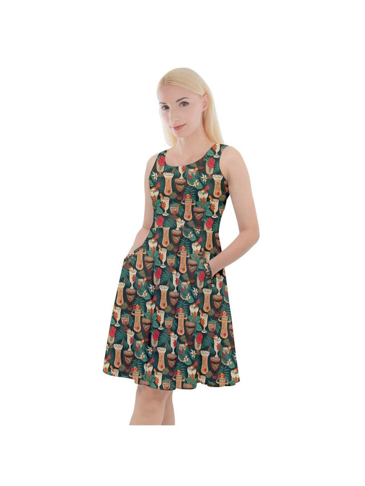 Retro Tiki Luau Knee Length Skater Dress With Pockets - Poison Arrow Retro