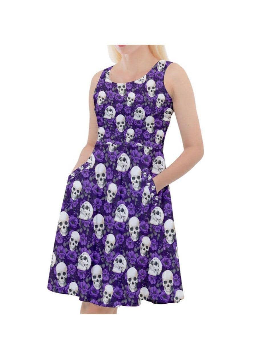 SKULLS AND PURPLE ROSES Knee Length Skater Dress With Pockets - Poison Arrow Retro