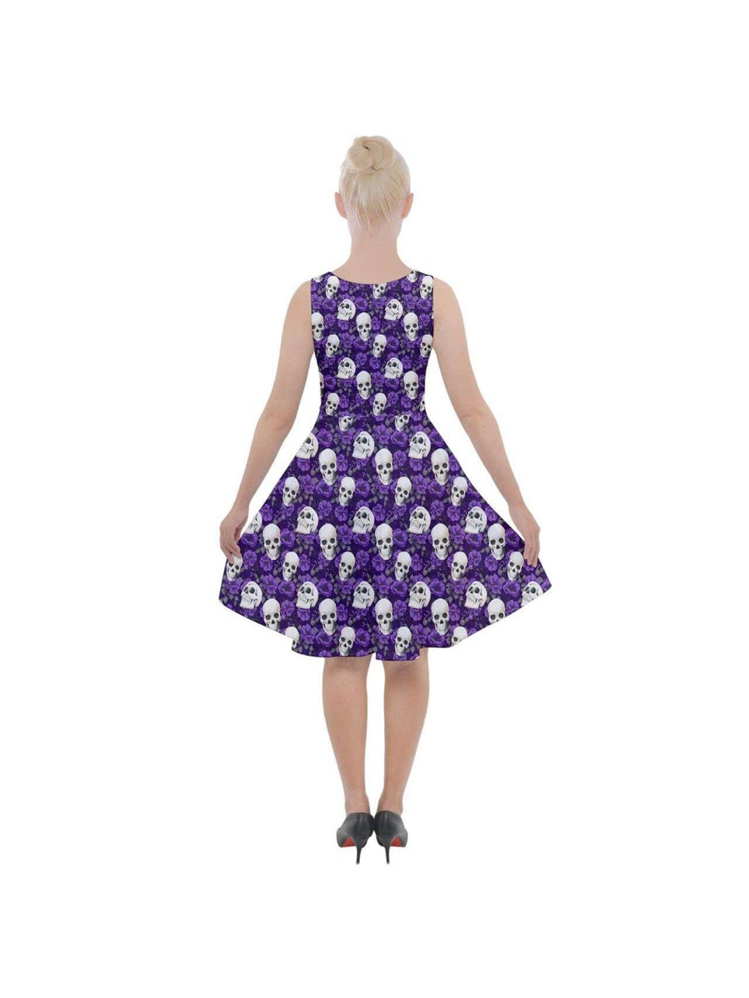 SKULLS AND PURPLE ROSES Knee Length Skater Dress With Pockets - Poison Arrow Retro