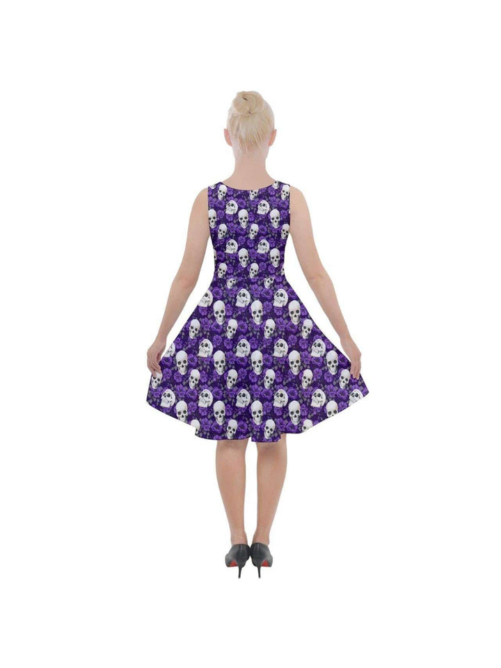 SKULLS AND PURPLE ROSES Knee Length Skater Dress With Pockets - Poison Arrow Retro