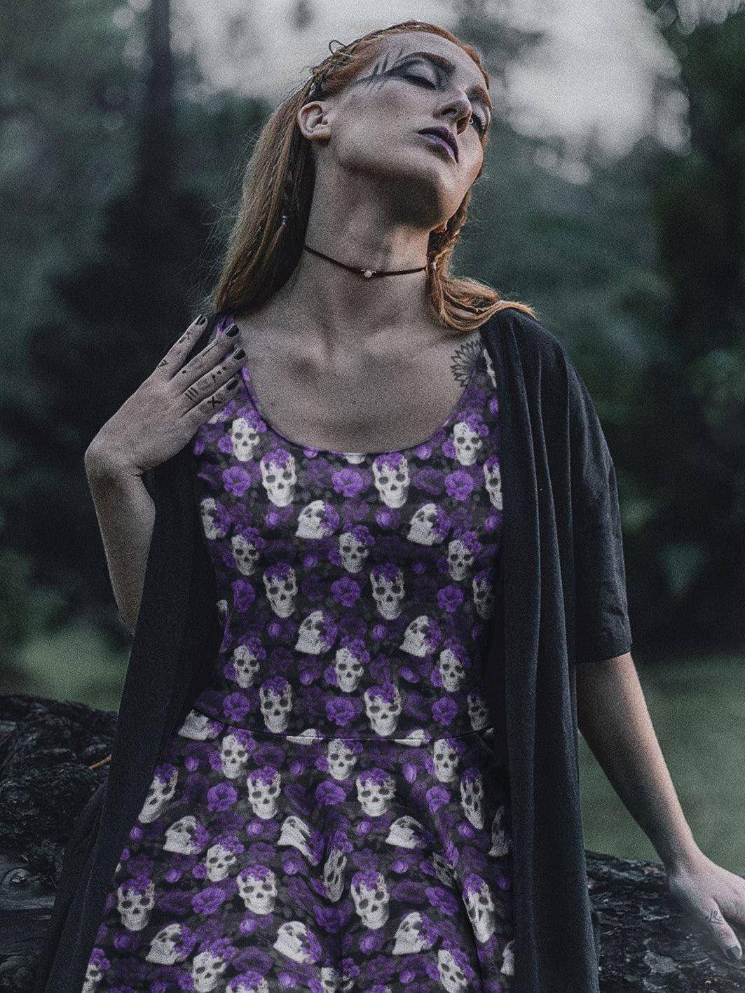 SKULLS AND PURPLE ROSES Knee Length Skater Dress With Pockets - Poison Arrow Retro