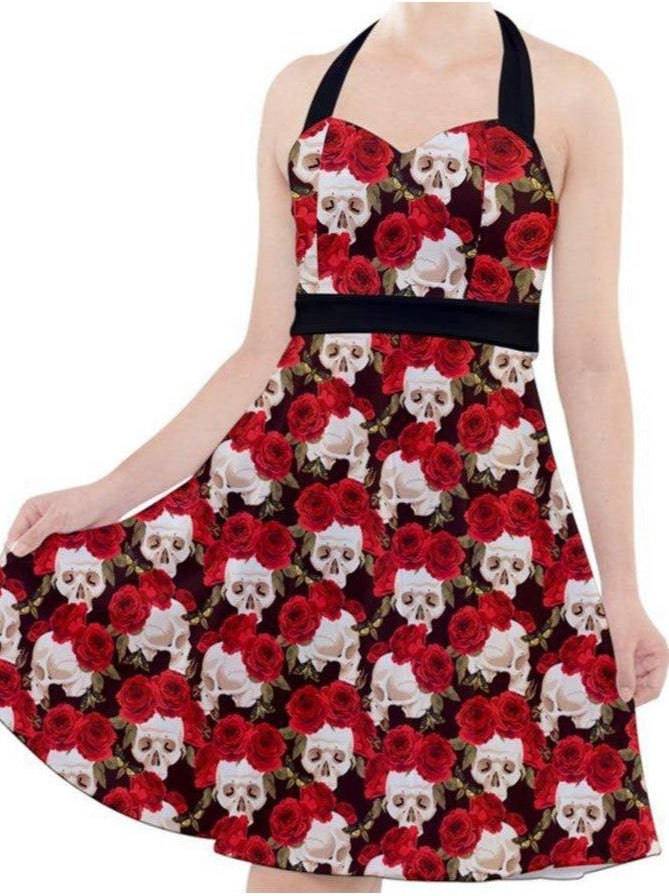 SKULLS AND ROSES Halter Party Swing Dress - Poison Arrow Retro