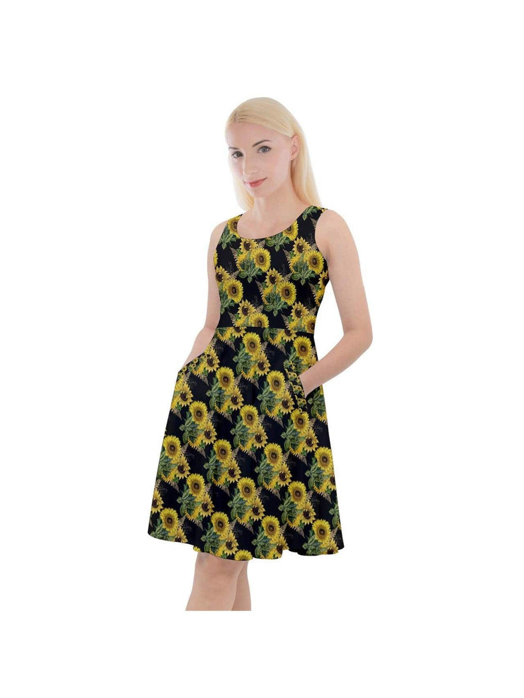 Sunflowers Knee Length Skater Dress With Pockets