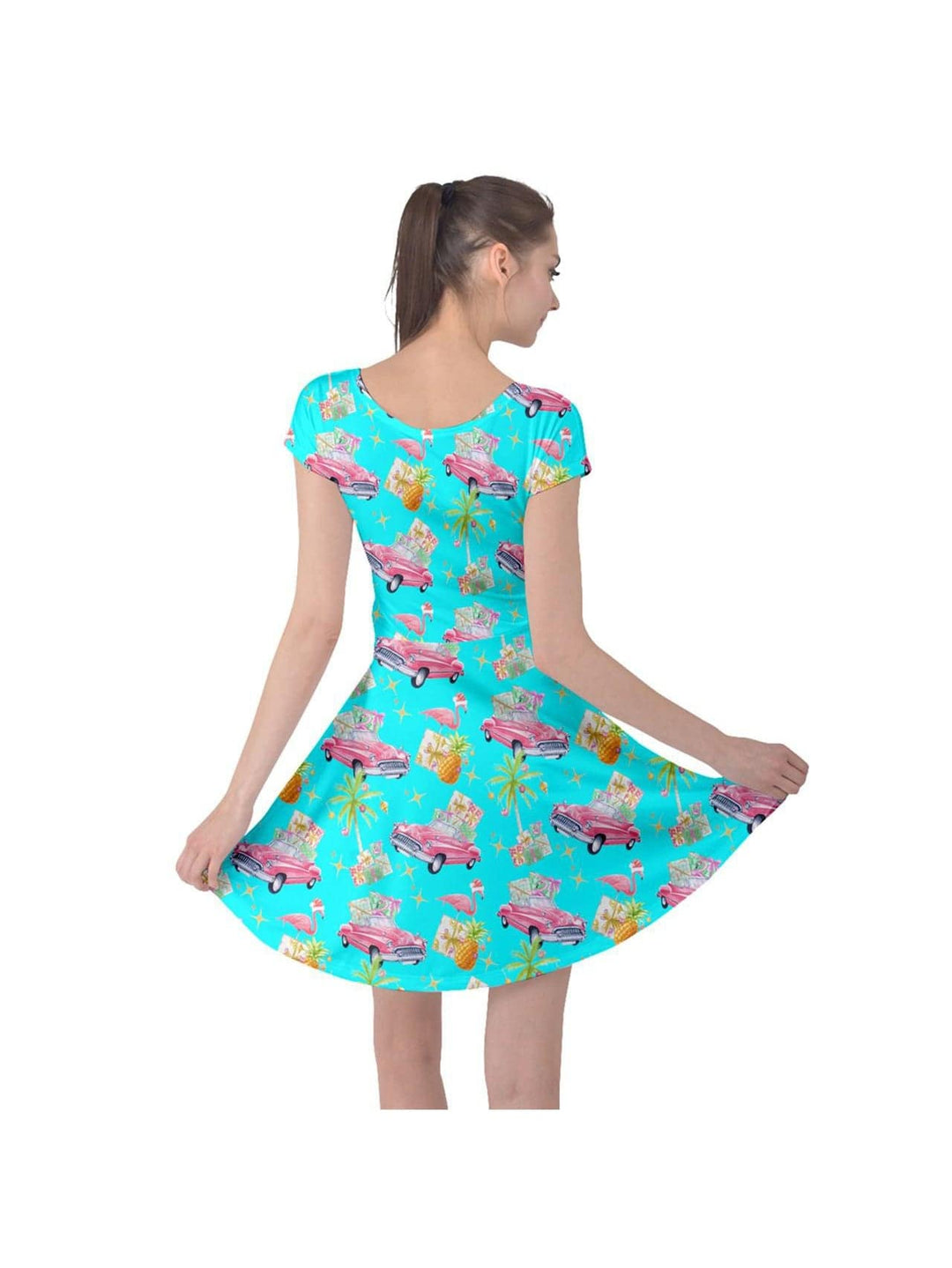 Tropical Christmas cap sleeve dress with flamingos and classic cars, perfect for festive celebrations.