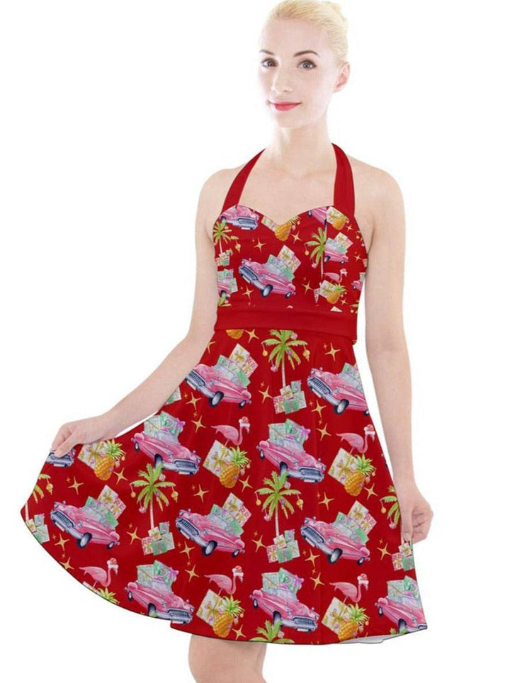 Tropical Christmas Halter Party Swing Dress - Poison Arrow Retro