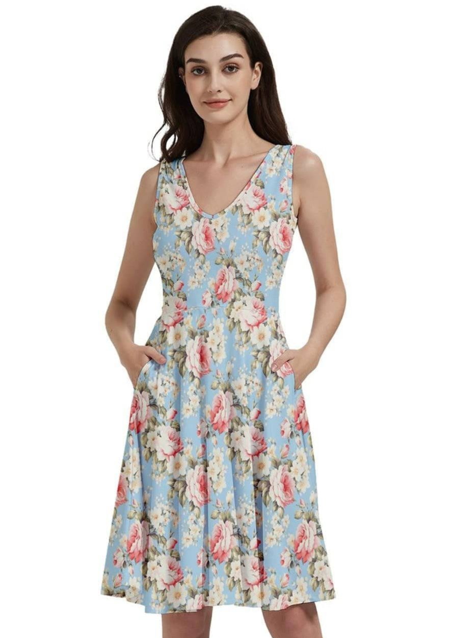 Vintage Roses V-Neck Skater Dress with Pockets - Poison Arrow Retro