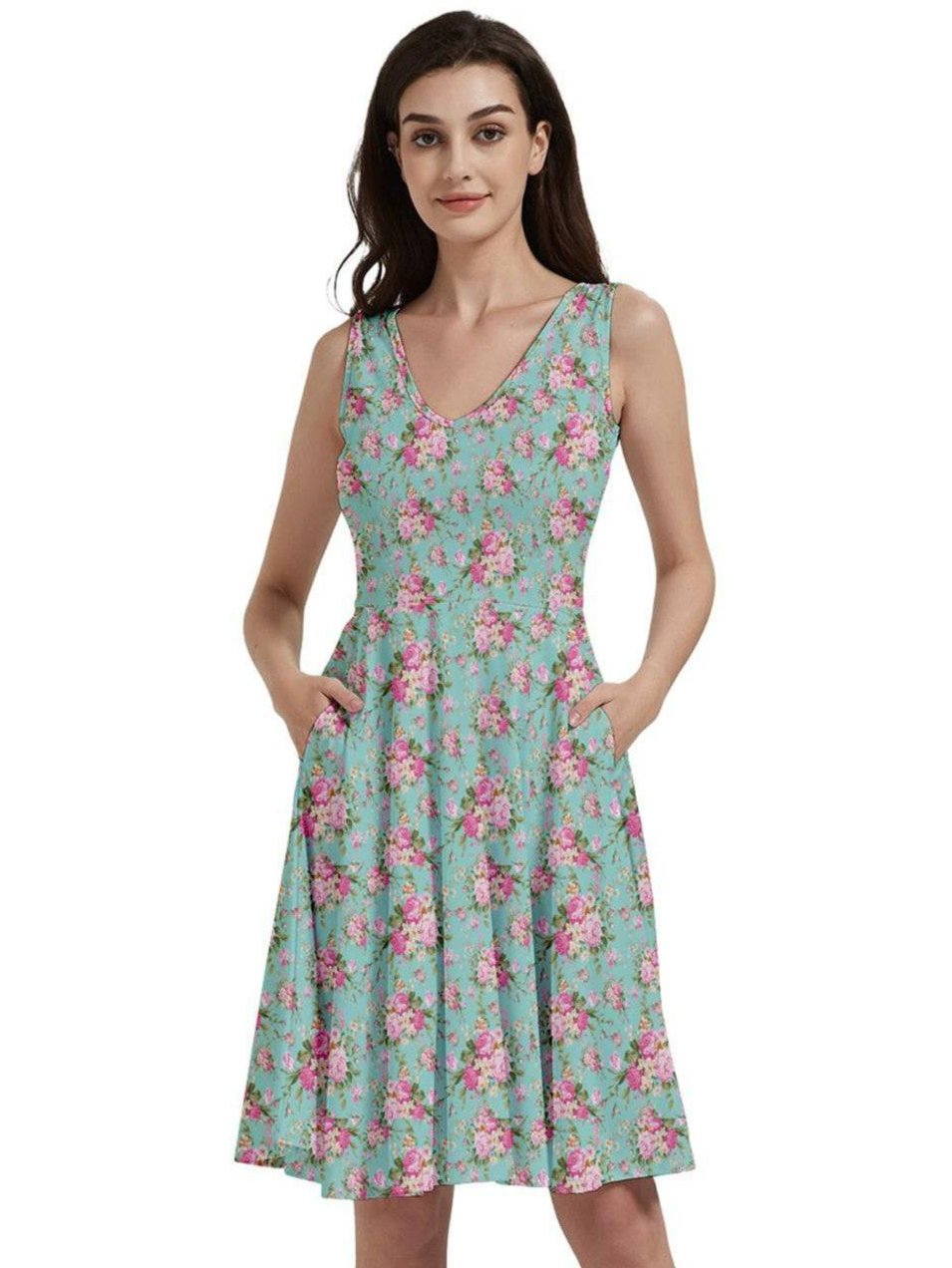 Vintage Roses V-Neck Skater Dress with Pockets - Poison Arrow Retro