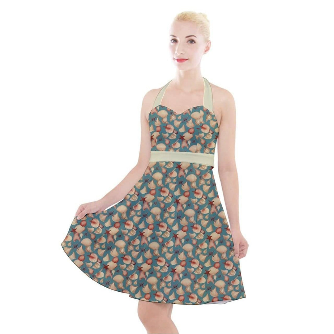 Vintage Seashells Halter Party Swing Dress - Poison Arrow Retro