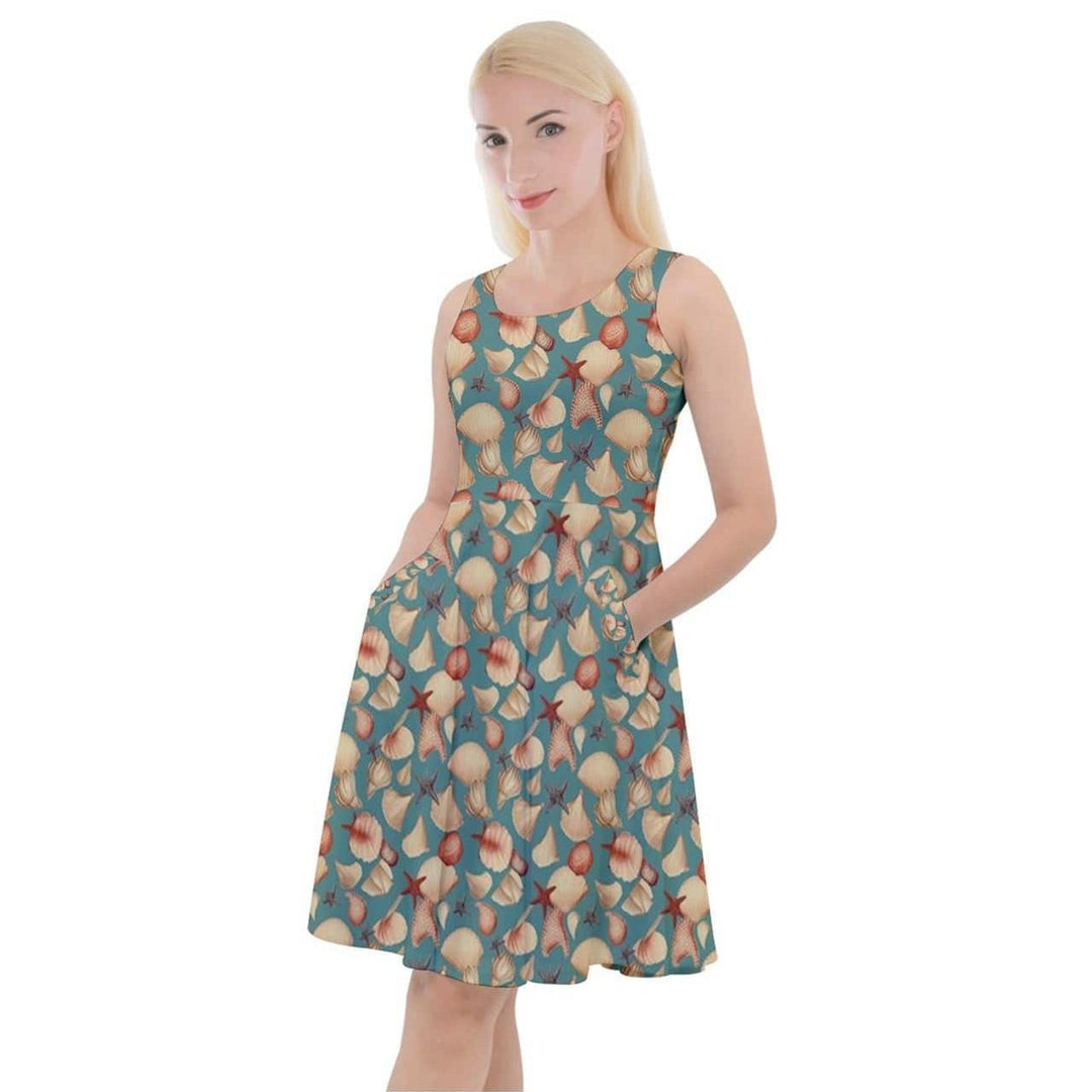 Vintage Seashells Knee Length Skater Dress With Pockets - Poison Arrow Retro