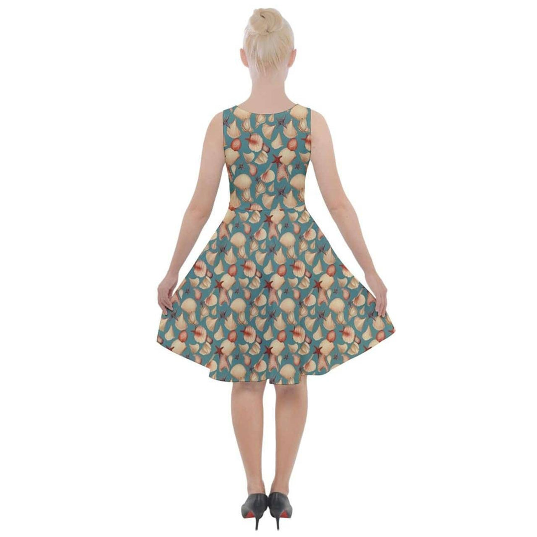 Vintage Seashells Knee Length Skater Dress With Pockets - Poison Arrow Retro