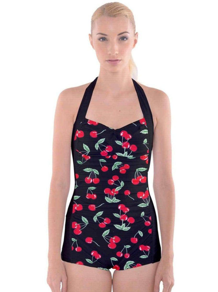 Black Cherries Boyleg Halter Swimsuit - Poison Arrow Retro