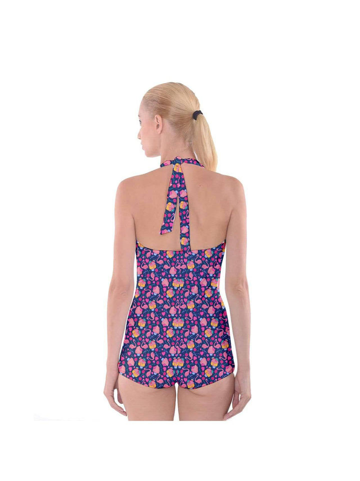 Flamingo and Cupcakes Boyleg Halter Swimsuit