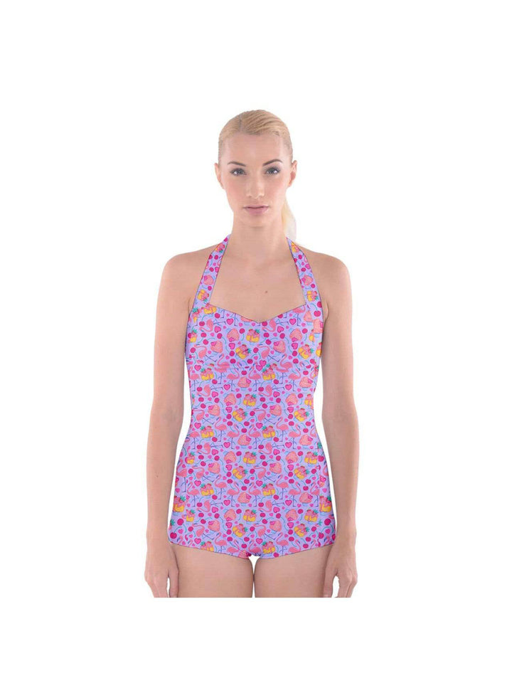 Flamingo and Cupcakes Boyleg Halter Swimsuit