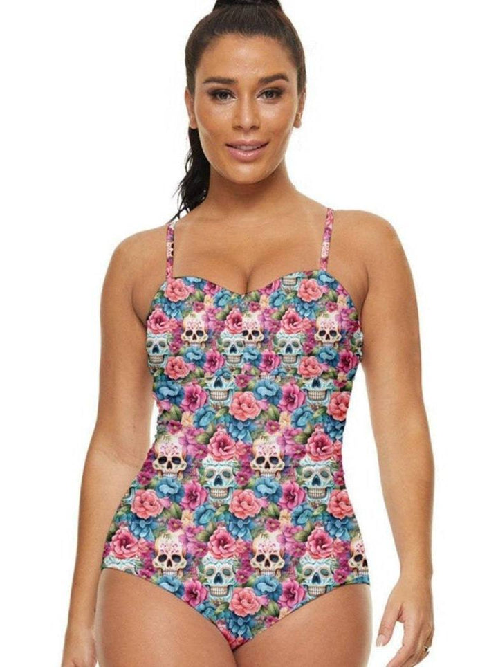 Floral Sugar Skulls Retro Full Coverage Swimsuit - Poison Arrow Retro