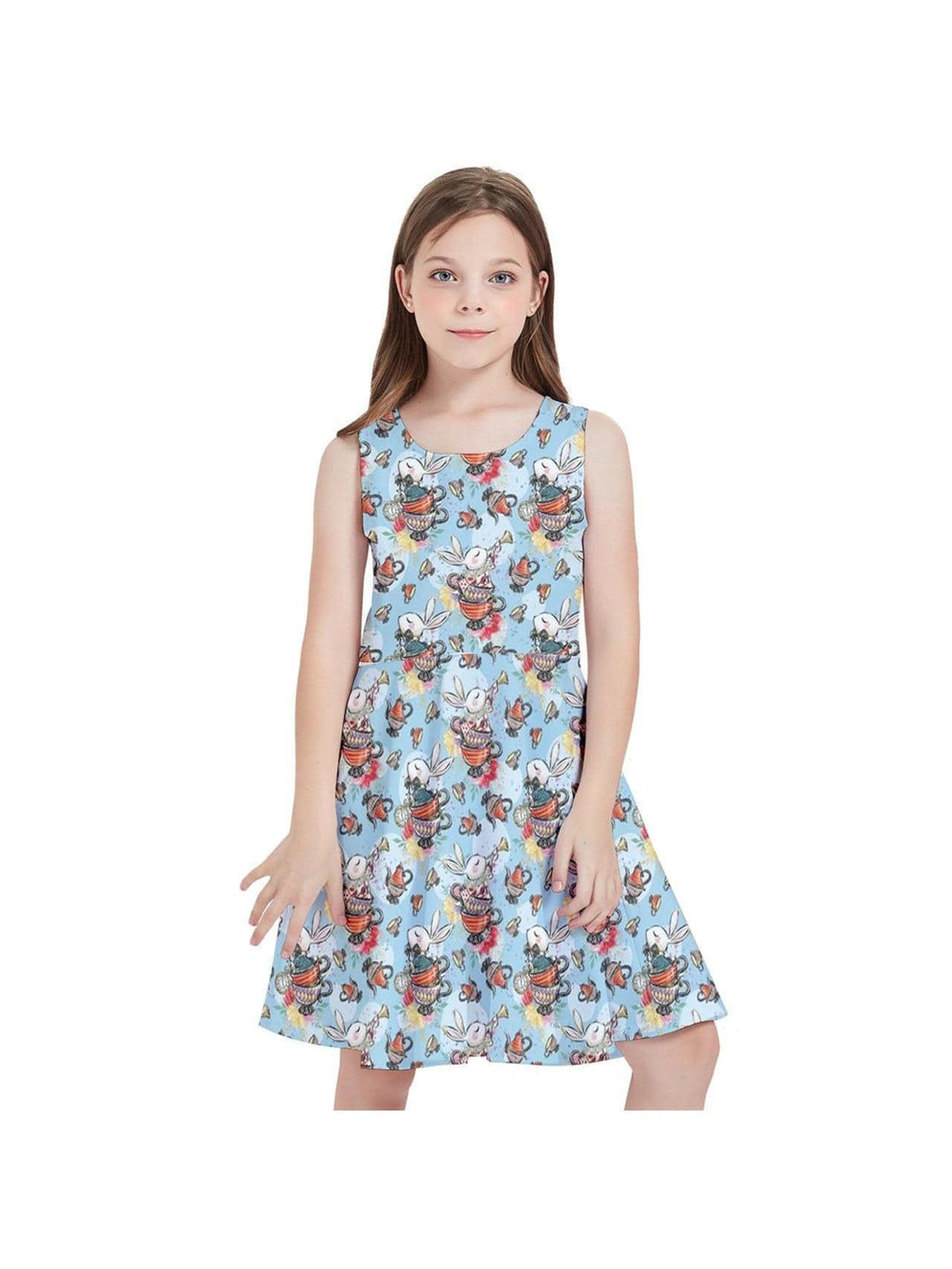 Little girl wearing a blue skater dress with a whimsical White Rabbit print, inspired by Alice in Wonderland.