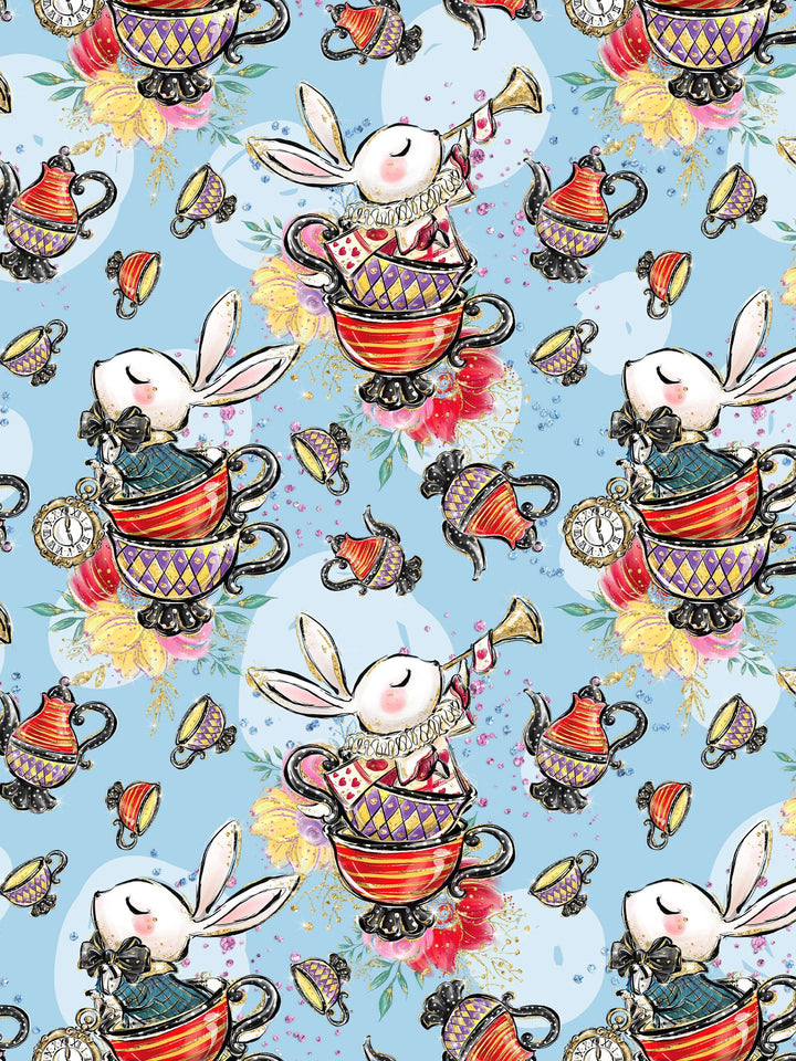 Whimsical pattern featuring bunnies, teacups, and floral designs inspired by Alice in Wonderland on a blue background.