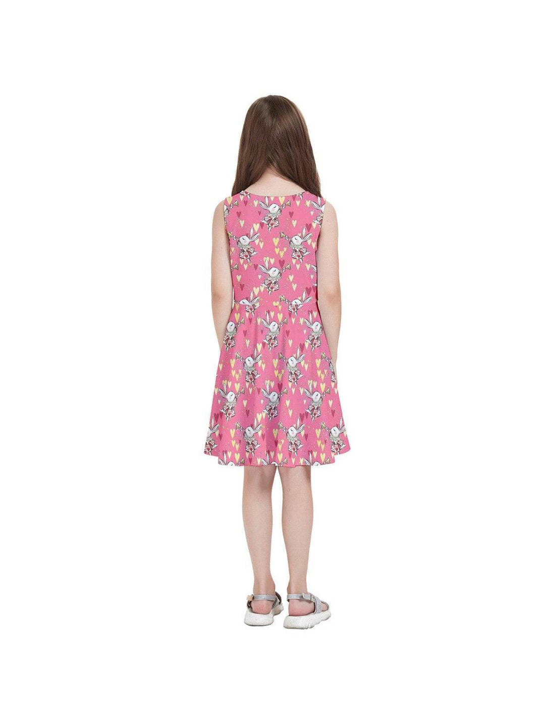 Back view of a pink floral kids' skater dress featuring whimsical rabbit designs, perfect for little girls.