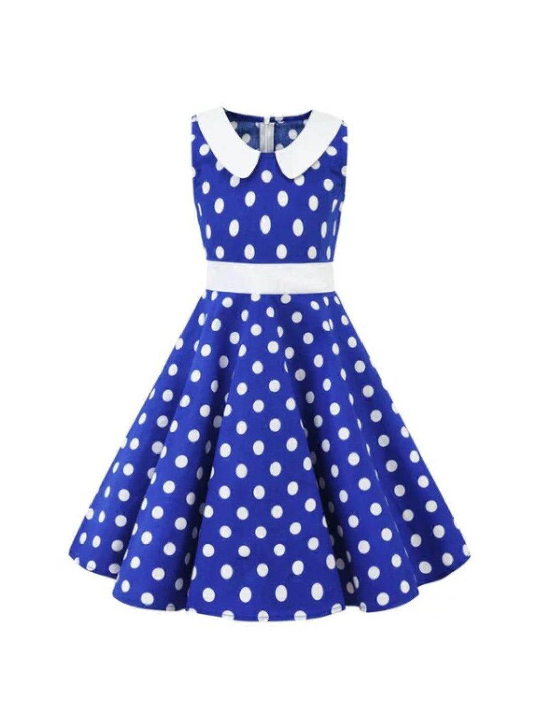 Girls Royal Blue Polka Dot Rockabilly Dress