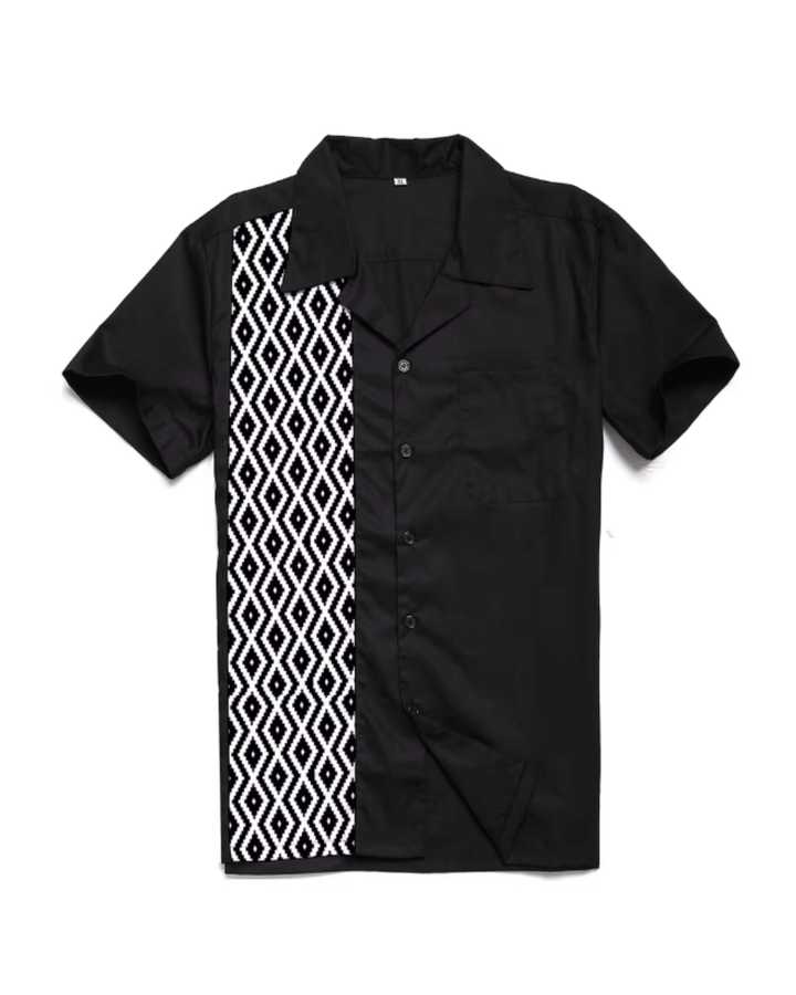 Mens Vintage Style Bowling Dress Shirt - Black/White Diamond - Poison Arrow Retro