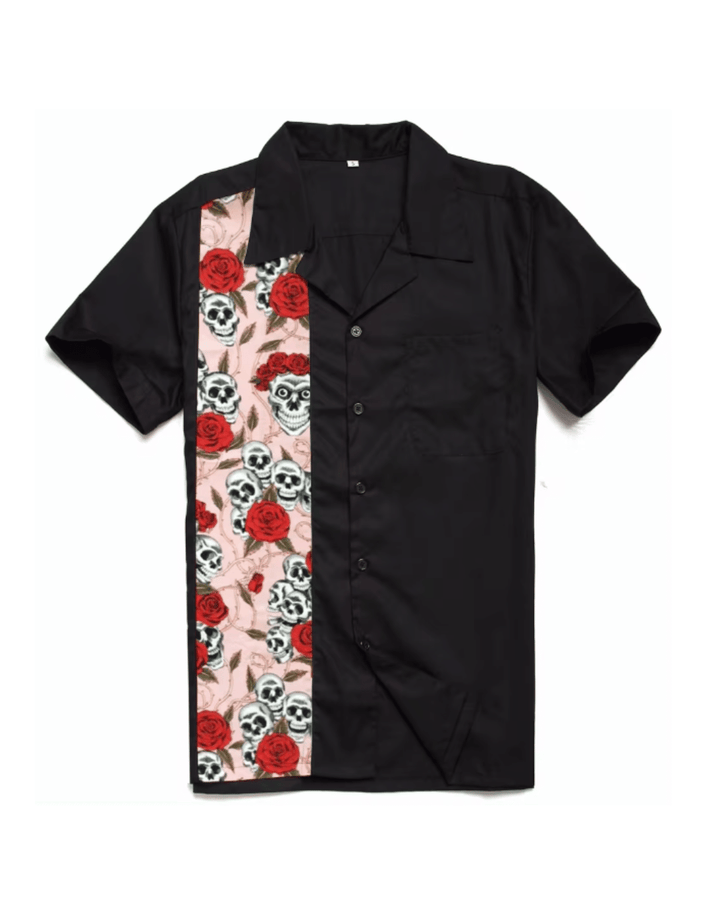 Mens Vintage Style Bowling Dress Shirt - Skulls & Roses Pink - Poison Arrow Retro