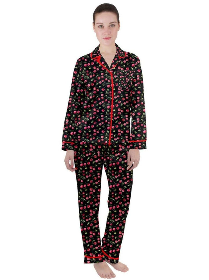 Black Cherries Women's Long Sleeve Satin Pyjamas Set - Poison Arrow Retro