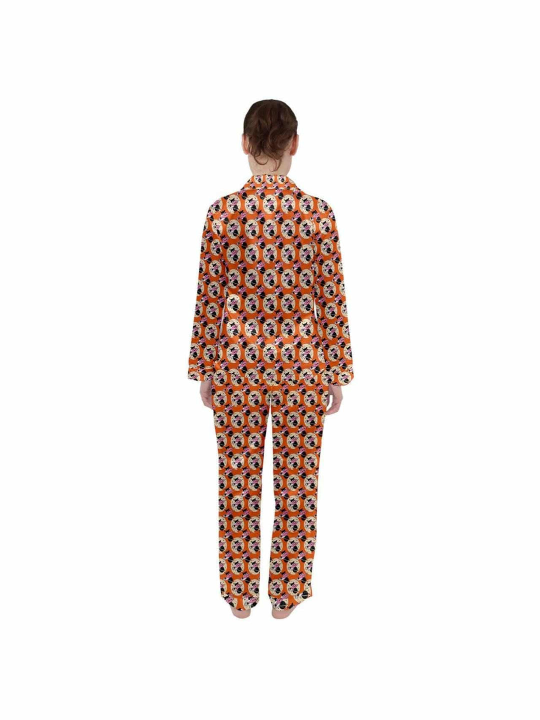 Cosmic Kitties Orange Women's Long Sleeve Satin Pyjamas Set - Poison Arrow Retro