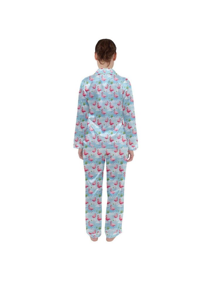 Flamingo Dreams Blue Women's Long Sleeve Satin Pyjamas Set - Poison Arrow Retro