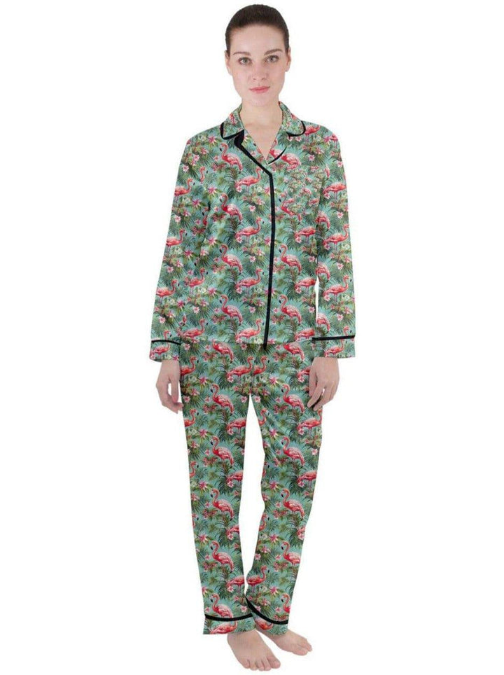 Flamingo Dreams Green Women's Long Sleeve Satin Pyjamas Set