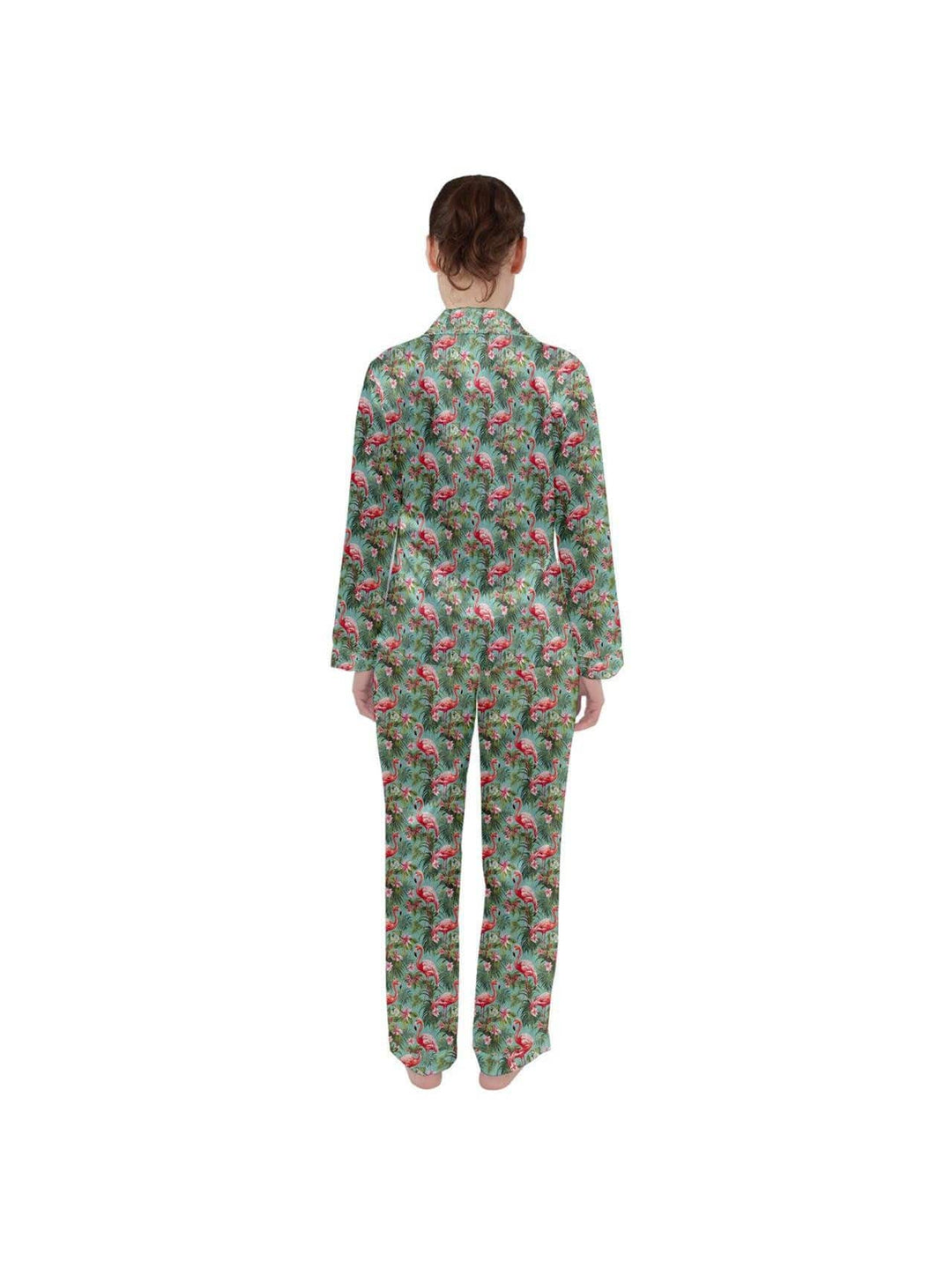 Flamingo Dreams Green Women's Long Sleeve Satin Pyjamas Set - Poison Arrow Retro