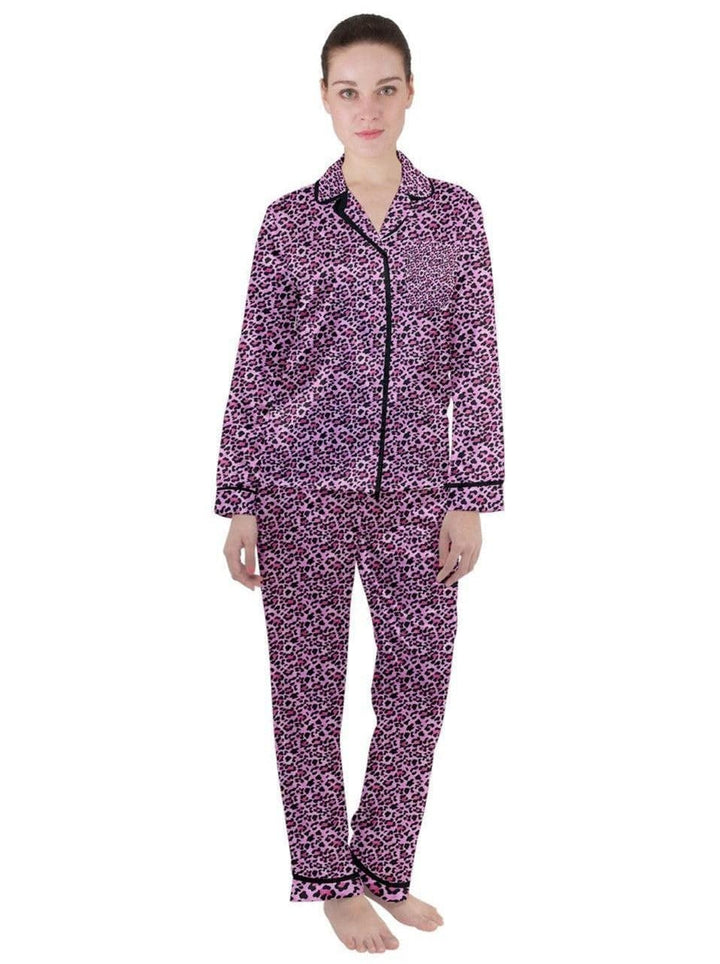 Pink Leopard Long Sleeve Satin Pyjamas Set