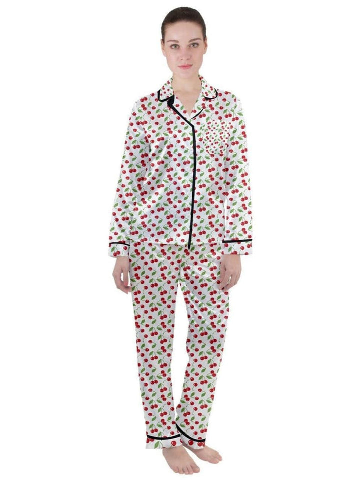 White Cherries Women's Long Sleeve Satin Pyjamas Set - Poison Arrow Retro