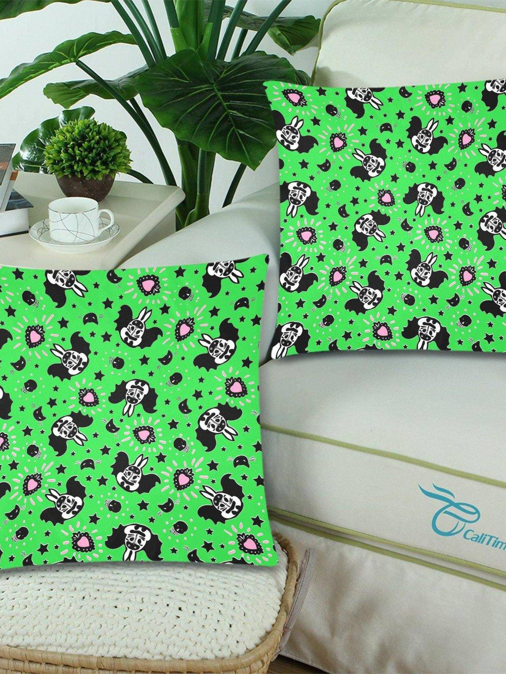 Bunny Bats Green Throw Pillow Cover 18"x 18" (Twin Sides) (Set of 2) - Poison Arrow Retro