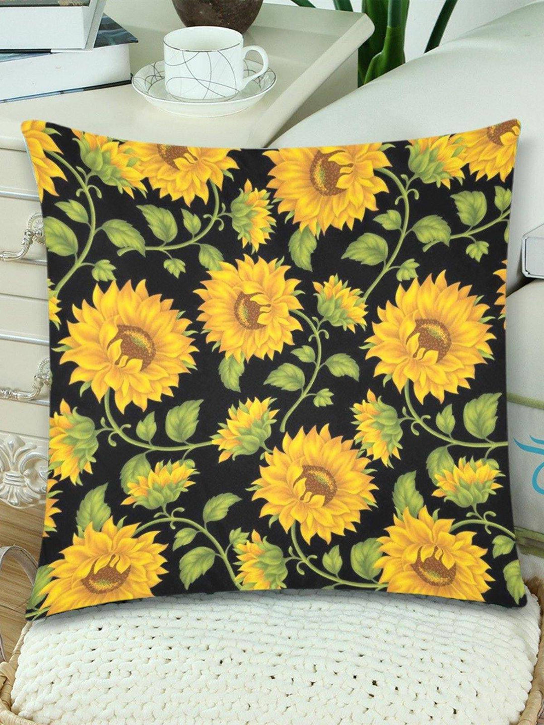 SUNFLOWERS BLACK Throw Pillow Cover 18"x 18" (Twin Sides) (Set of 2) - Poison Arrow Retro