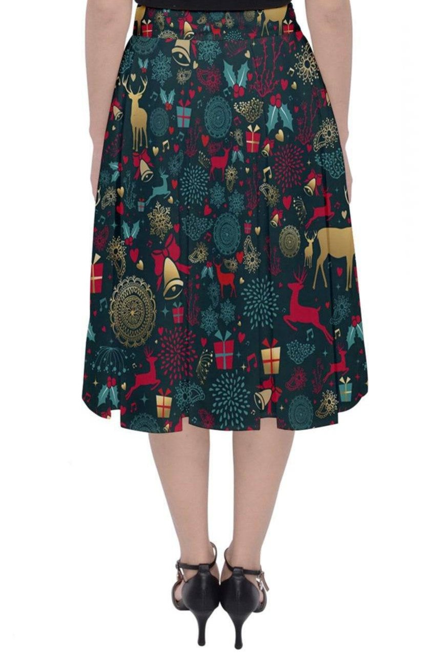 Back view of a Christmas Reindeer midi skirt featuring festive prints in red, green, and gold, perfect for holiday parties.