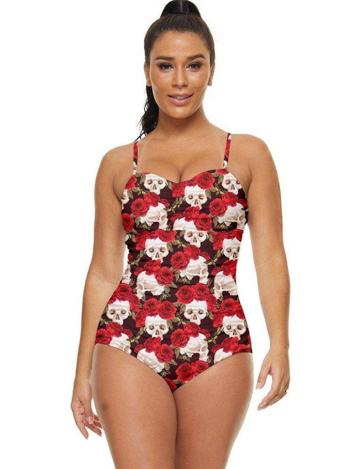 SKULLS AND ROSES Retro Full Coverage Swimsuit - Poison Arrow Retro