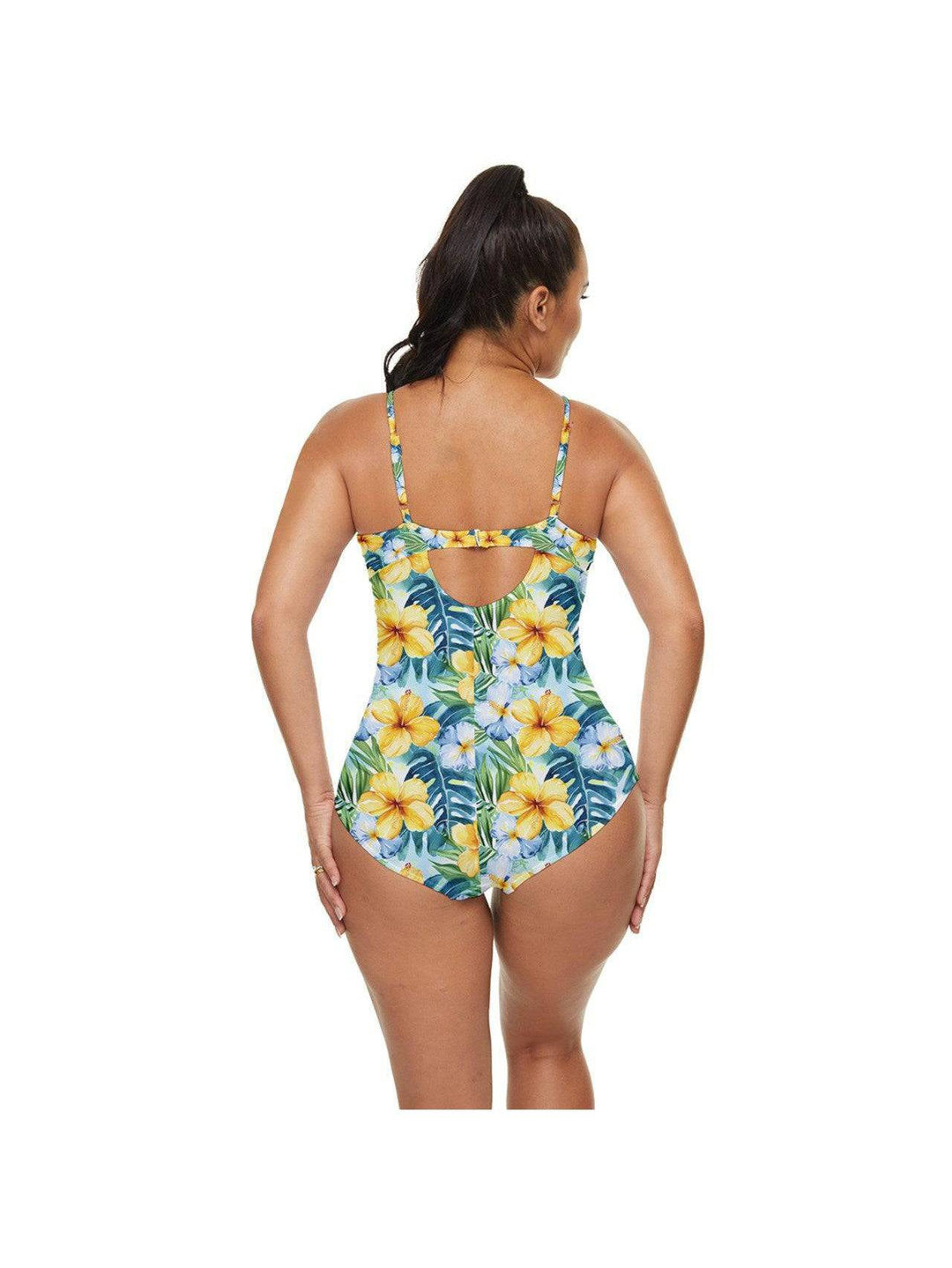 Back view of Tropical Hibiscus Full Coverage Swimsuit with floral print, showcasing retro style and comfort.