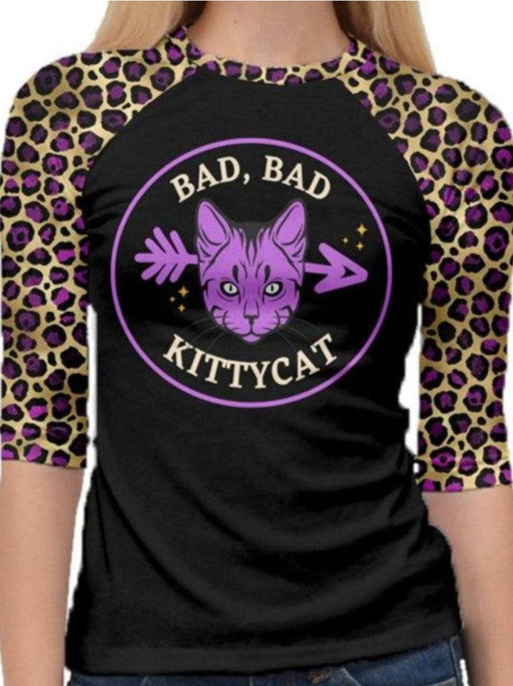 Bad Bad Kitty Cat 3/4 Raglan Tshirt - Poison Arrow Retro