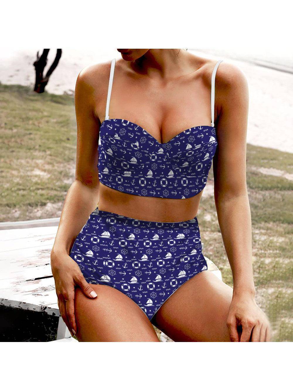 Nautical High Waist Retro Bikini - Poison Arrow Retro