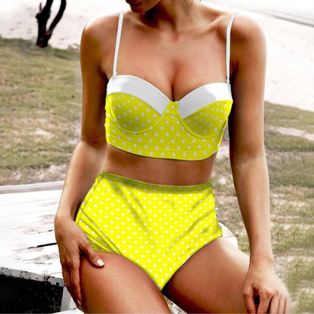 Yellow Polkadot High Waist Retro Bikini - Poison Arrow Retro