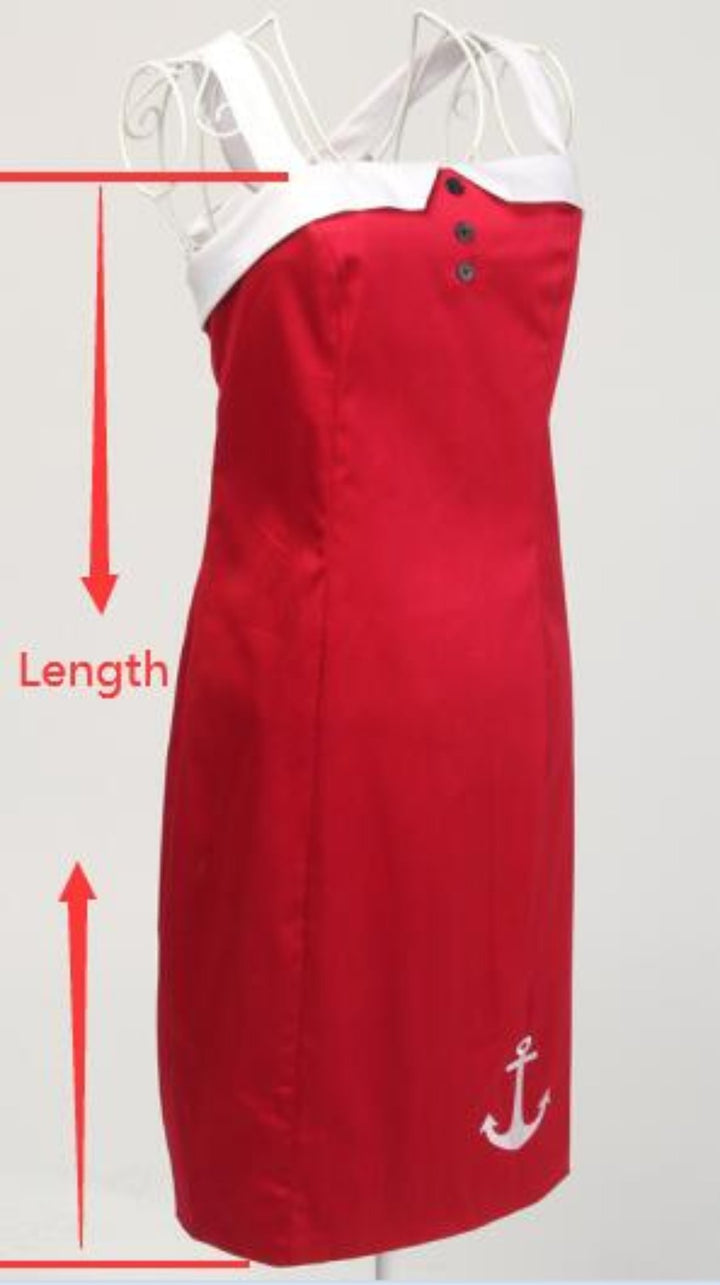 Bright red nautical pencil dress with white accents and anchor detail, showcasing a flattering silhouette and vintage style.