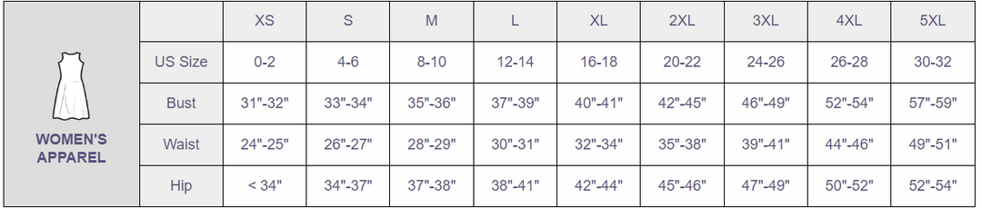 Size chart for women's apparel detailing US sizes and corresponding bust, waist, and hip measurements.